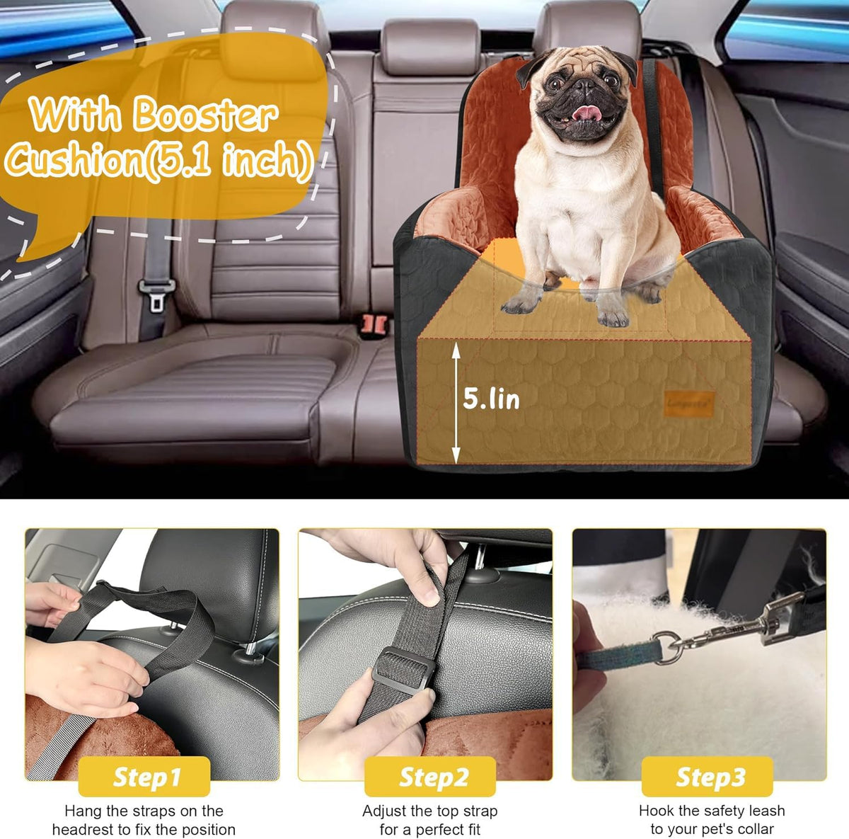 Dog Car Seat for Small/Medium Dogs, Memory Foam Dog Booster Seat - Black/Red Brown / Medium - image 4