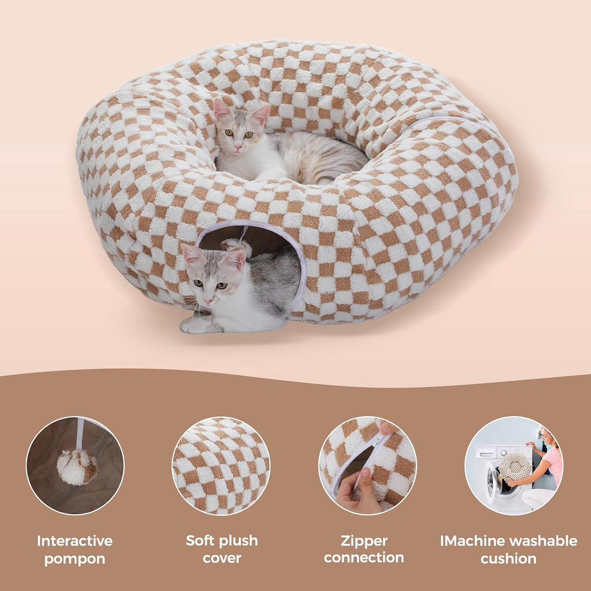 PEQULTI Beige Donut Cat Tunnel Bed Washable Plush Mat Multi for Small - Brown - image 4