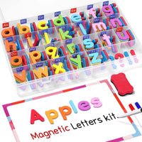 VoSinrly magnetic letters kit with colorful foam alphabet letters, storage box and double-sided writing board