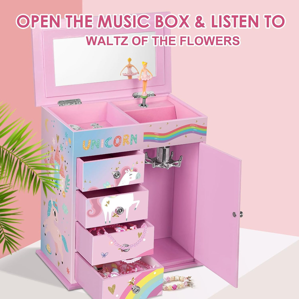 Jewelry Box for Girls 5-Layer with Swing Door Spinning Ballerina - Pink & Blue - image 2