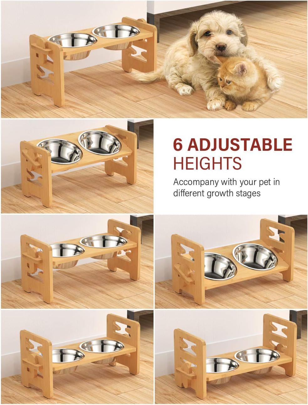 Elevated Dog Bowls, Raised Dog Bowl Stand Adjustable Small - Bamboo / Small / Without Mat - image 3