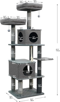 Catry® Stella 7-Level 67.5” Linen & Quilted Velvet Cat Tree with Recycled Paper Scratchers, Two Condos, Removable Beds, Toys, Easy to Clean, Ideal for Large Cats and Multi-Cat Homes (Zinc Gray)