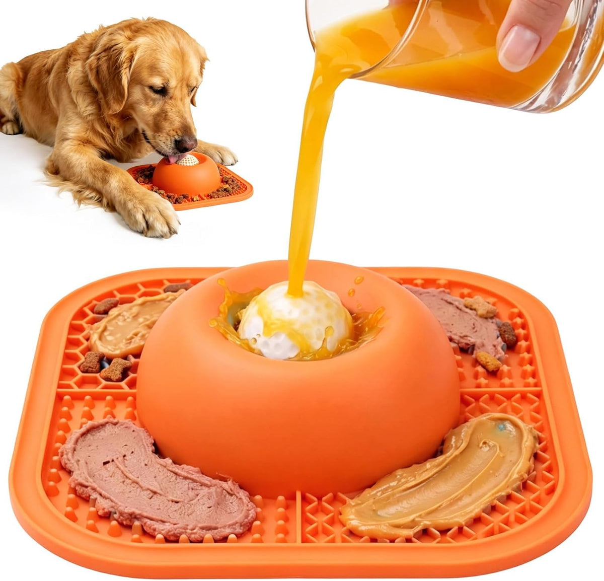Slow Feeder Dog Bowls & Lick Mat for Liquid and Thick Treat - Large / Orange