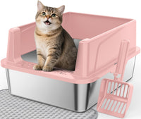 FURTIME Stainless Steel Cat Litter Box - Pink / Small