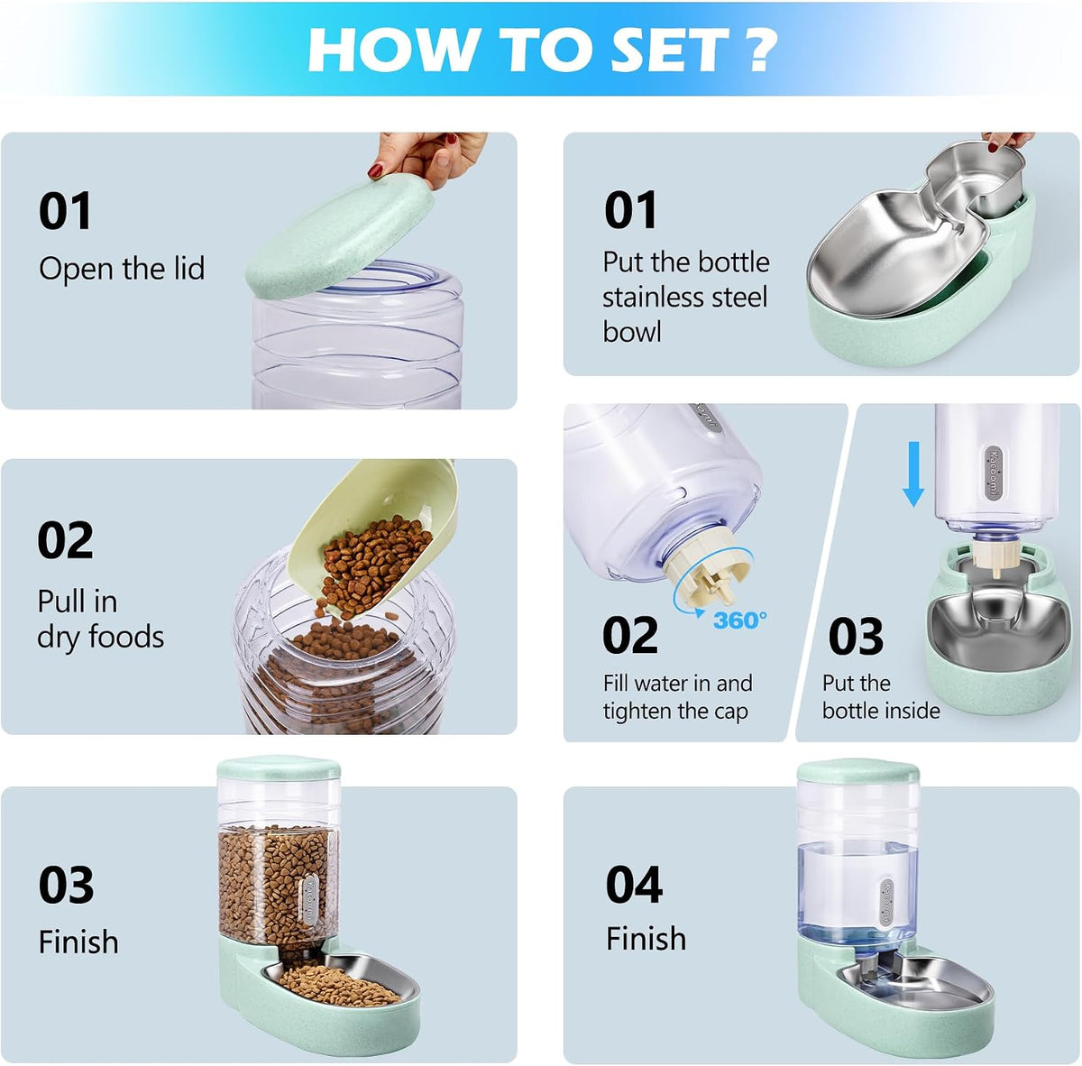 Automatic Cat Feeder and Water Dispenser with Stainless Steel Bowl - Stainless Steel-Green - image 4