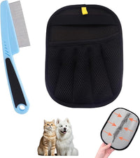Electrostatic Pet Hair Remover Glove, Reusable Pet Hair Removal Glove for Dog & Cat Grooming, Double Sided Static Pet Hair Fur Remover Tool Mitt Gloves (2PCS) (1 Gloves+1 flea Comb)