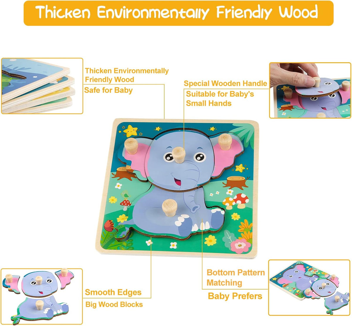 Wooden Toddler Puzzles - 4 Pcs Eco-Friendly Animal Patterns Jigsaw With Handles - Infant Kid Fine - Style B - image 4