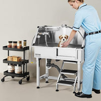 VEVOR Stainless Steel Dog Washing Station, 34 inch Pet Grooming Tub w/Storage Stairs, Faucet & Showerhead & Soap Holder Dog Bathtub, Pet Wash Station for Small Pets (Right Door)