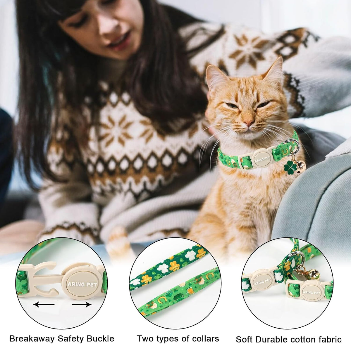 ARING PET 2 Pack Cat Collar-Cute Cotton Cat Collar Breakaway - St Patrick-Green Beer & Clover - image 2