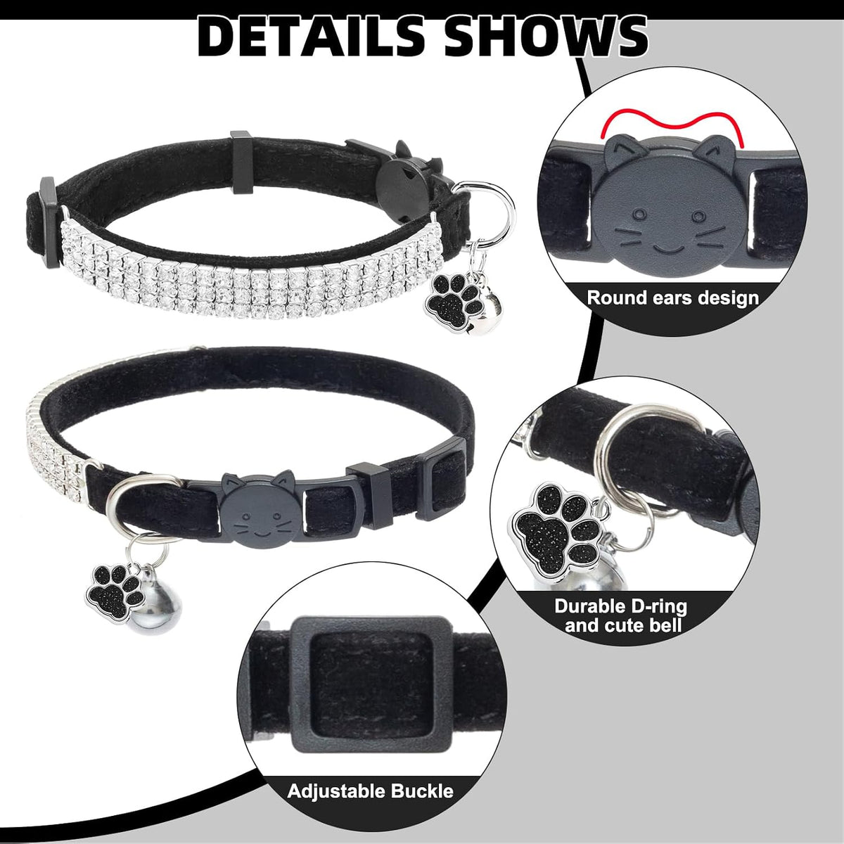 2 Pack Soft Velvet Safe Bling Diamond Cat Collars with Bells – Essentials for Cats - Black / 7"-9" For Cats - image 3