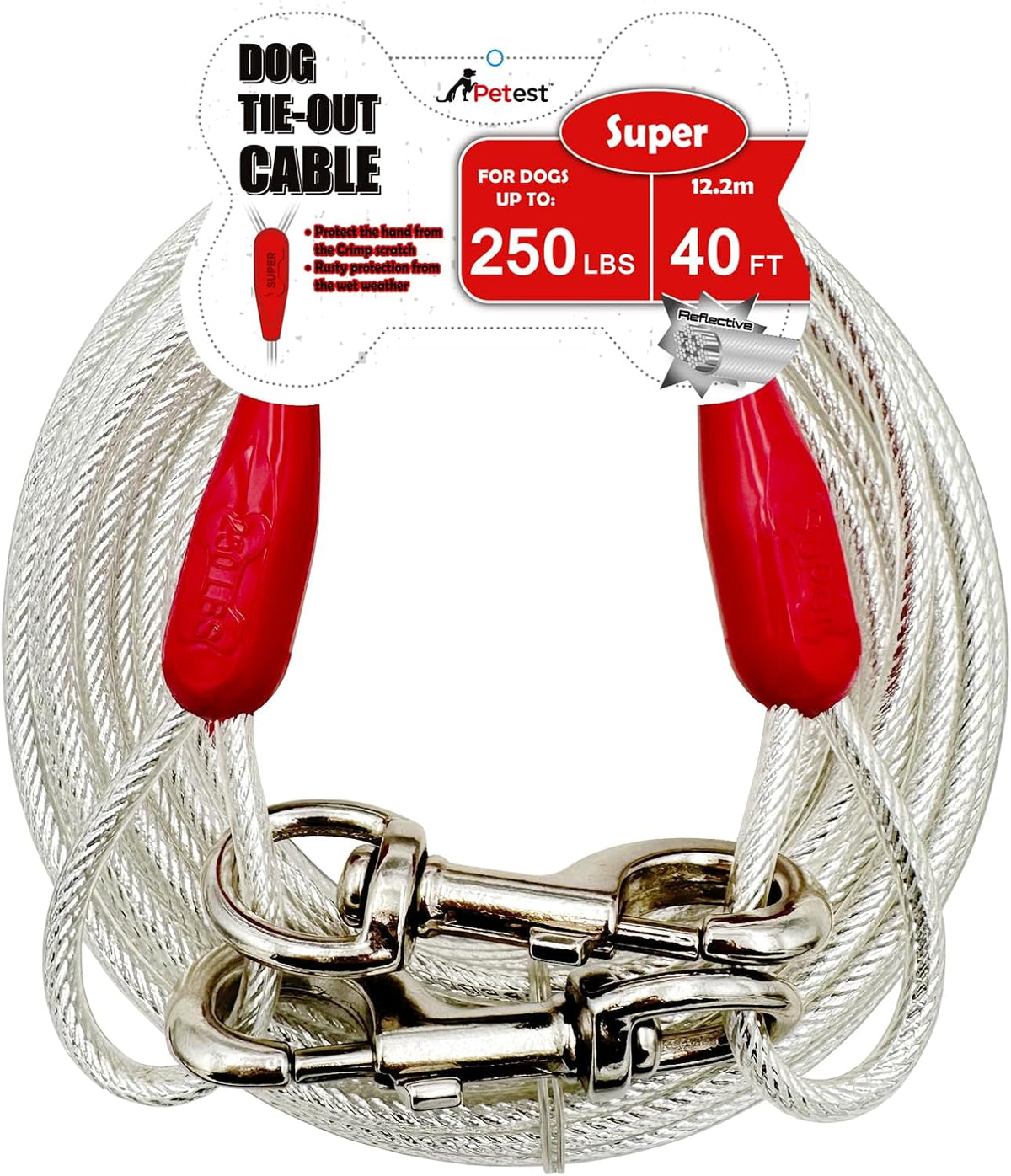 30ft Reflective Tie-Out Cable for Heavy Dogs Up to – Essentials for Dogs - 250lbs40ft / Red & Silver