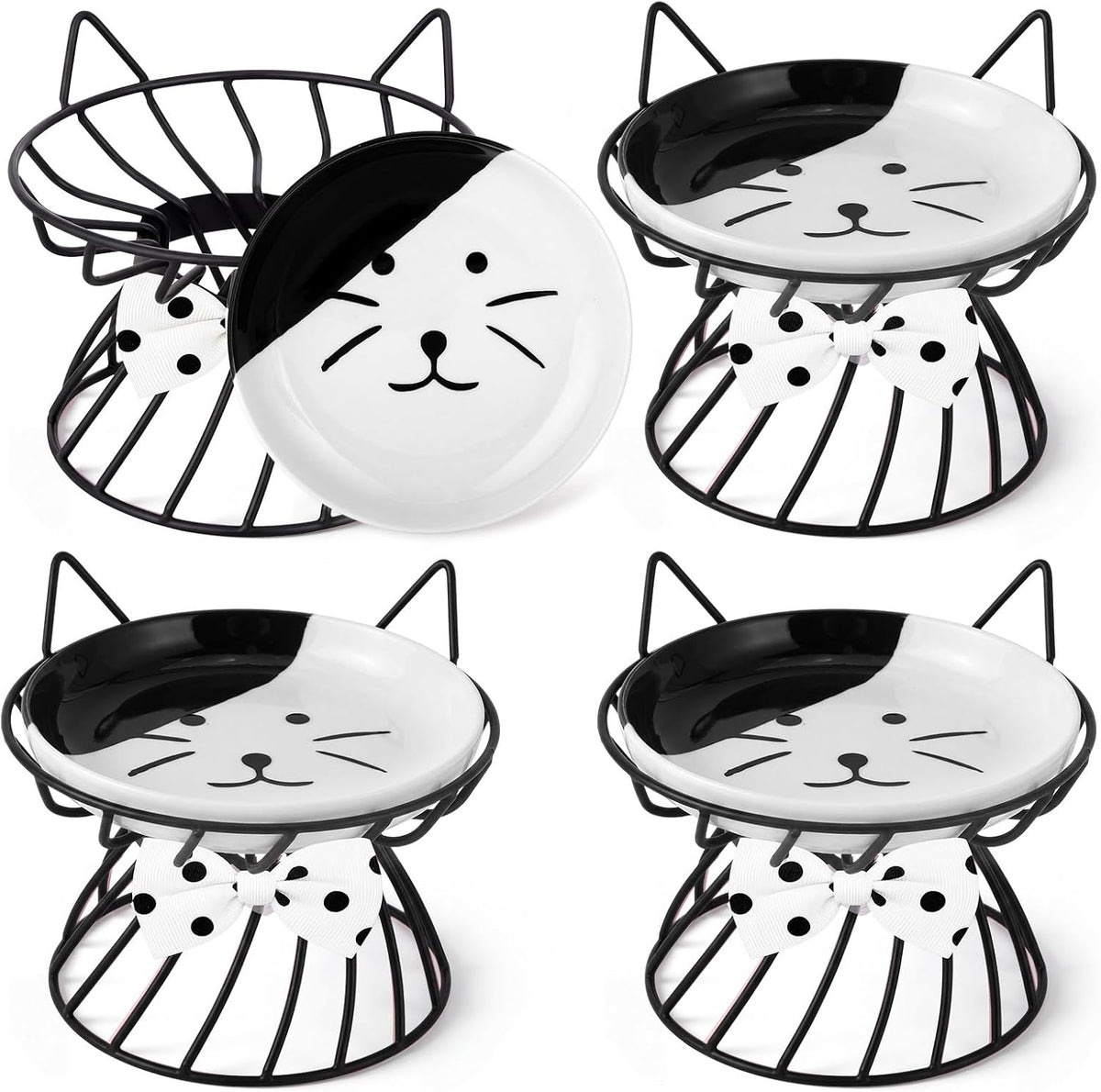 Sunnyray 4 Pcs Elevated Cat Bowls Raised Cat Food Bowl - Bow Tie / Black