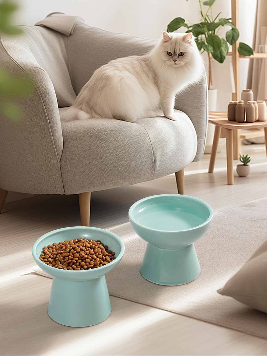 Elevated Cat Food and Water Bowls Set - Single (Water Bowl) / Blue - image 4