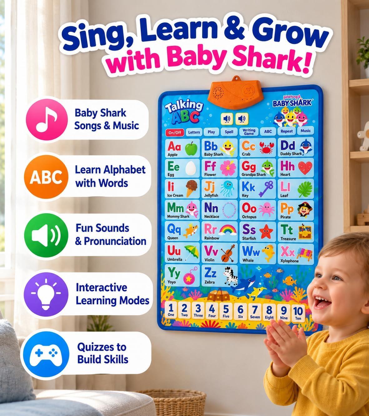 Just Smarty Interactive Alphabet Wall Chart, ABC & 123's, Blue – Fun for Kids & Family - Baby Shark - image 4