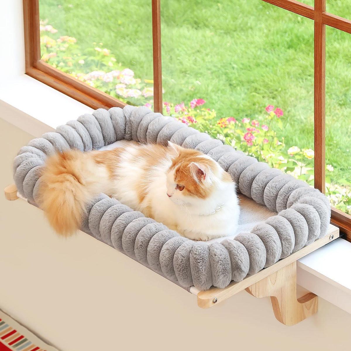 Zakkart SnugCloud Cat Perch for Windowsill – Essentials for Cats - Natural Color Wood w/ Gray Bed / Medium (22"x15")