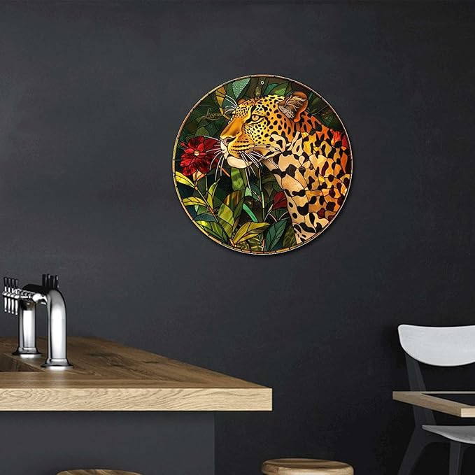 Lygond Metal Sign Tin Sign Circular Stained Glass Leopard Minimalist Wall Art for Garden 12×12 Inches