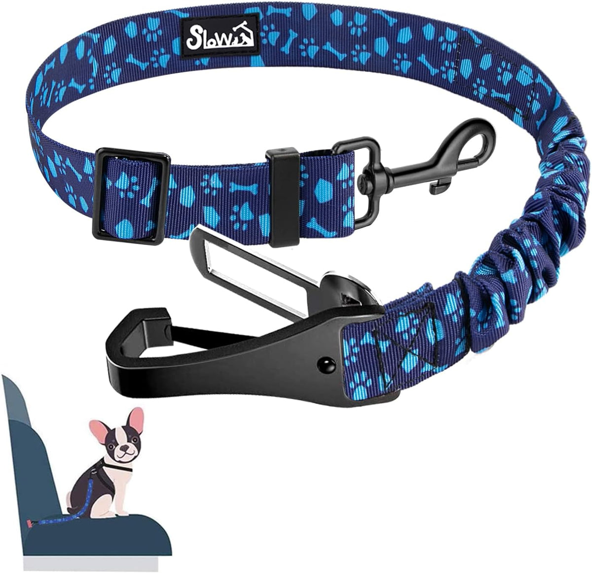 SlowTon Dog Car Seat Belt - Blue Dog Paw / 27.5in - 1 pack