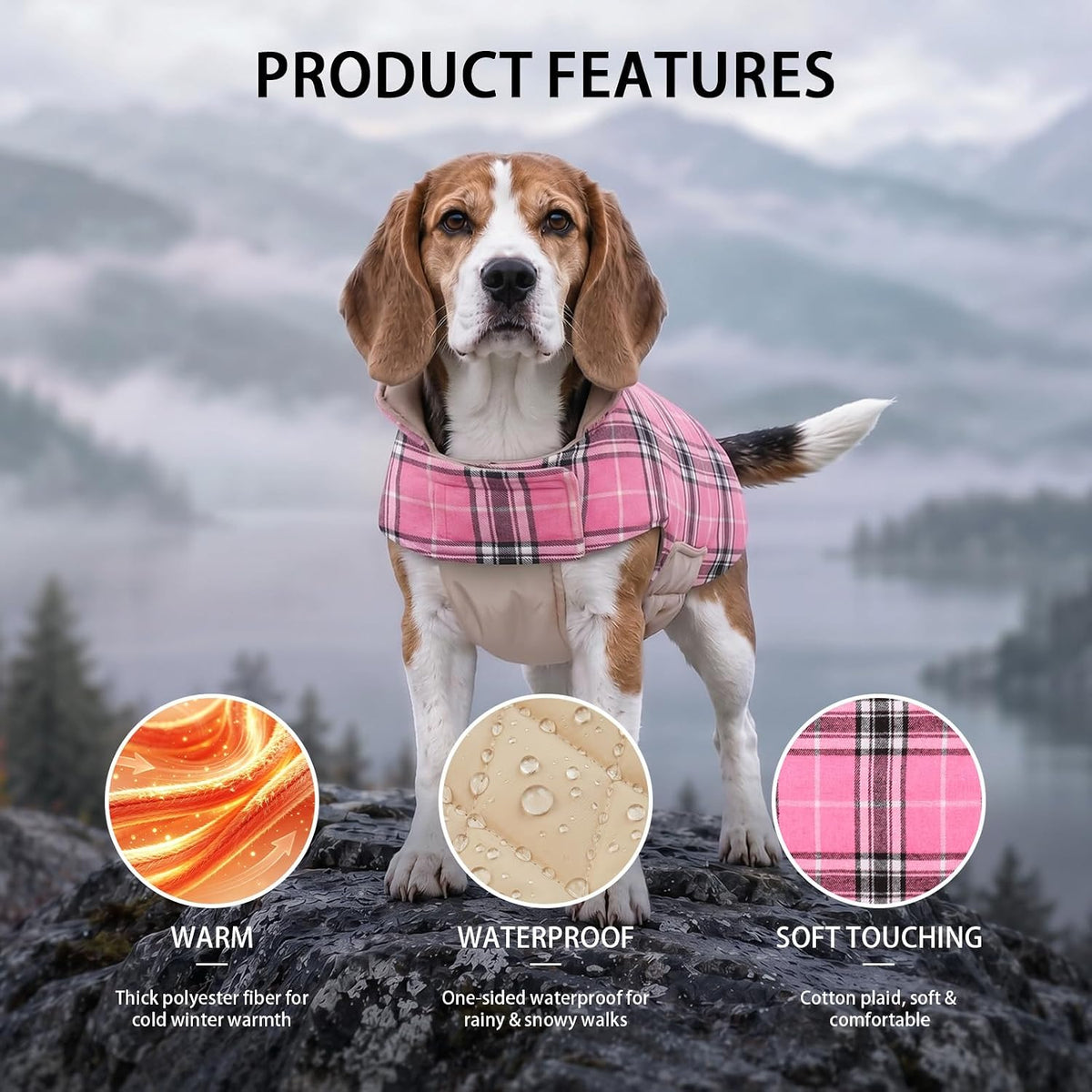 Winter Dog Jackets, Reversible Dog Coat with Leash Hole - Pink / L - image 4