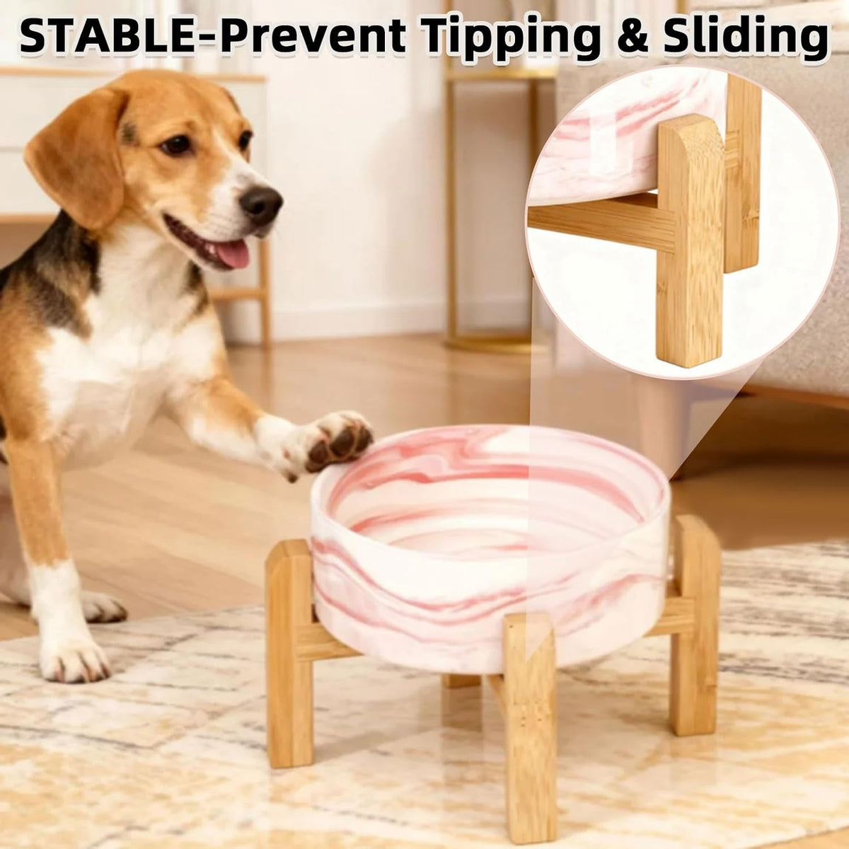Elevated/Raised Ceramic Dog Bowl with Bamboo Stand，6 Inch 3.6 Cups - Marble Pink / Medium - image 4
