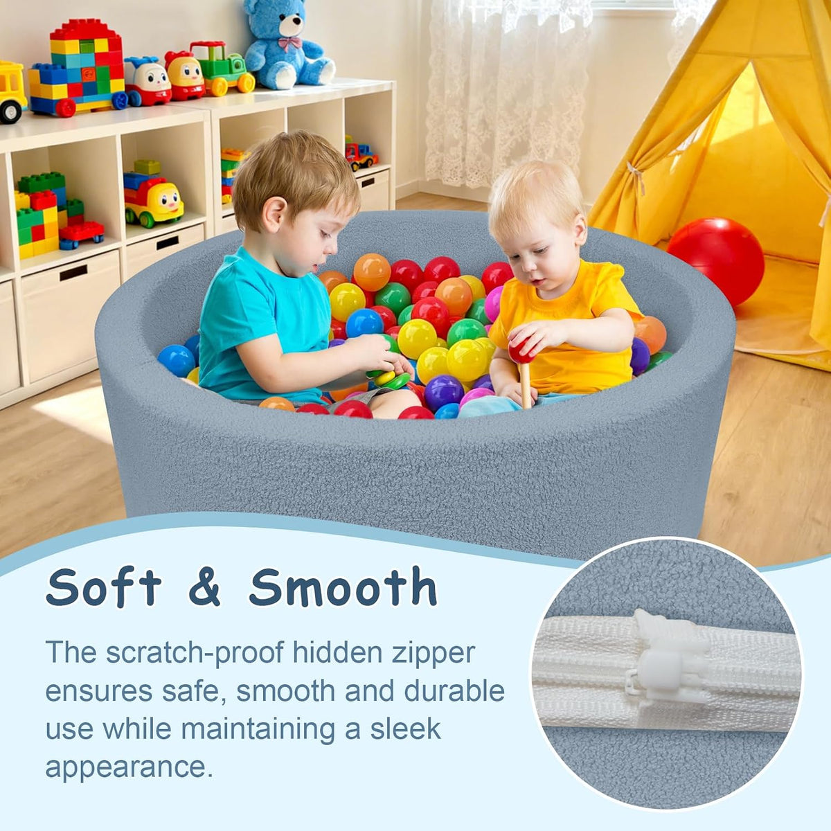 MEOGETY beige teddy fleece foam ball pit for toddlers with soft round walls - view 19