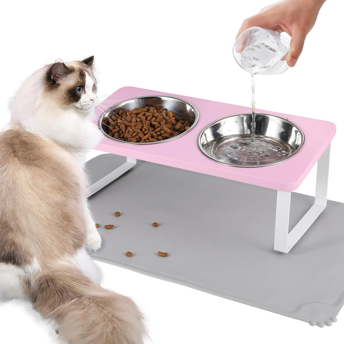 Upgraded Elevated Cat Bowls with Food Mat - Pink-2Bowls