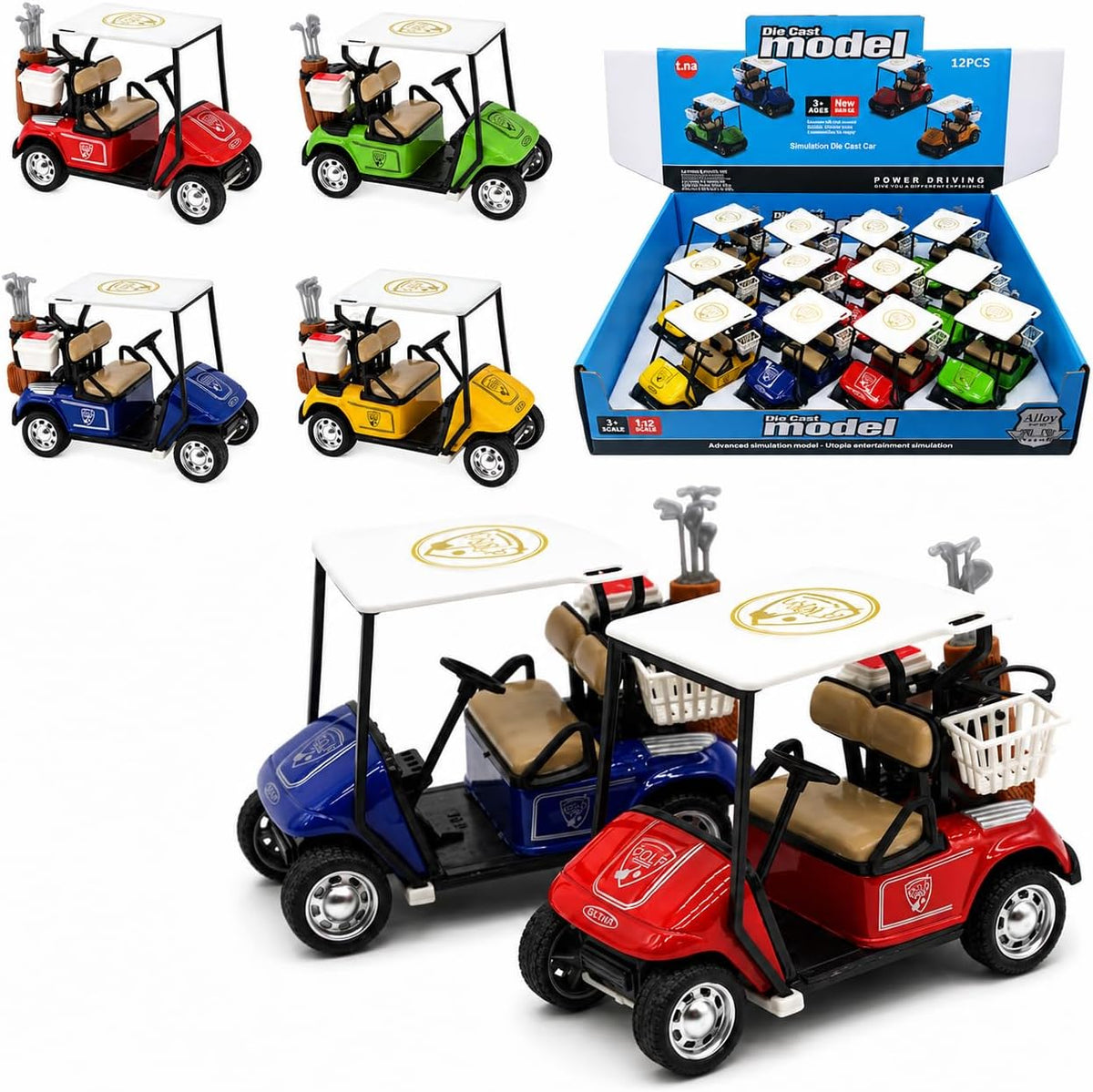 Liberty Imports mini golf cart toys, 12 pack of 4 inch diecast pullback carts in four colors