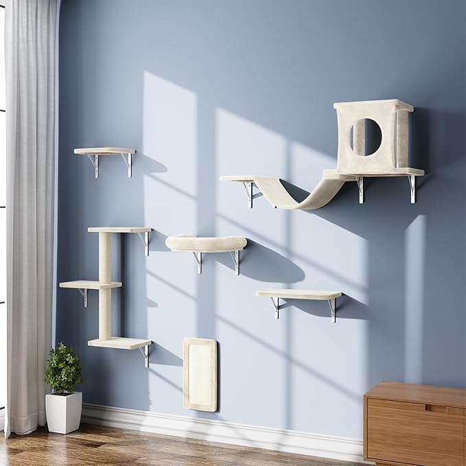 NUNU LAB Wall Mounted Cat Furniture, 6 Pcs Cat Wall Shelves with Condo House, Bridge, Steps, Scratcher, Hammock, Indoor Safe & Stable Furniture for Kittens Play, Beige