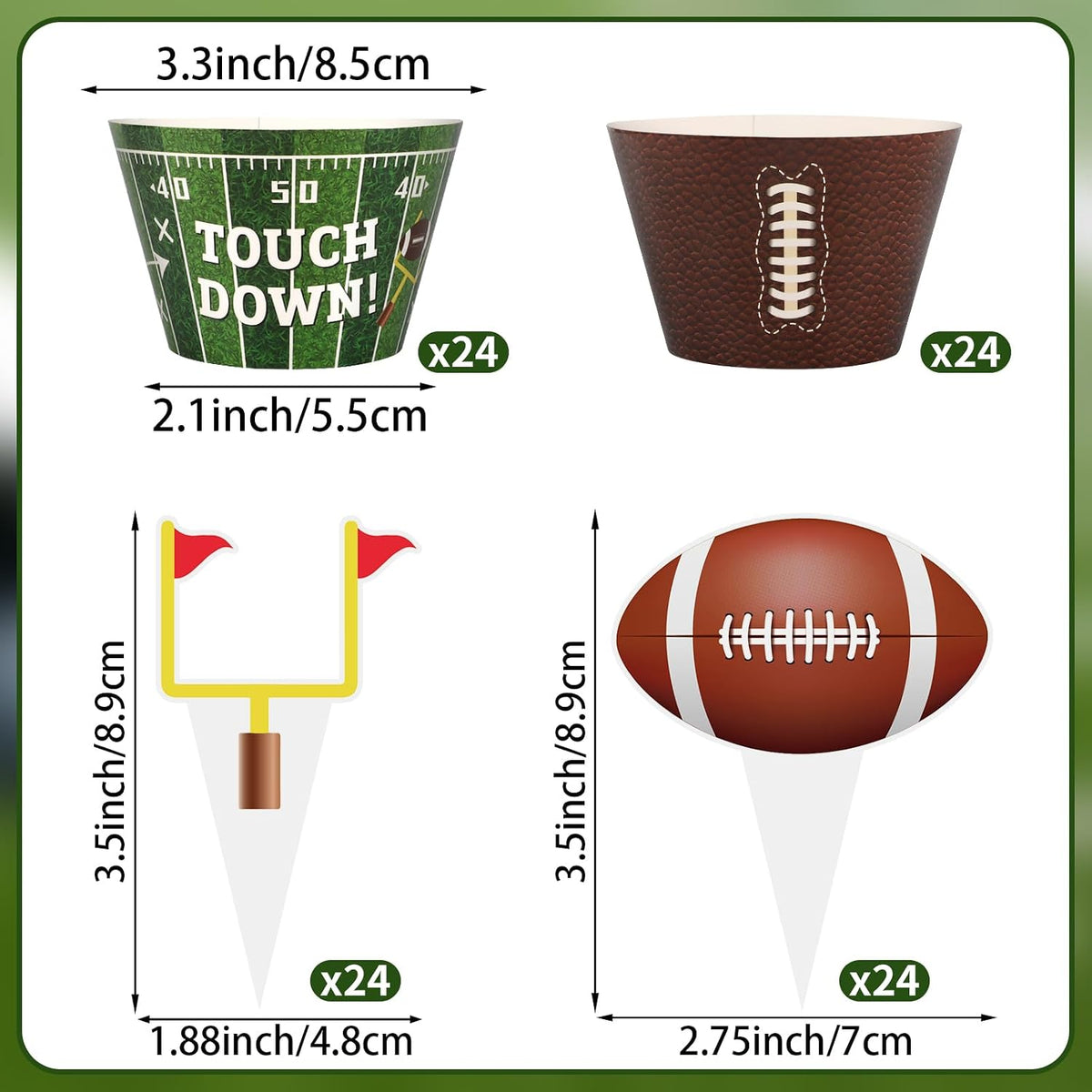 Hxezoc football cupcake toppers and wrappers set with brown and green football designs - view 14
