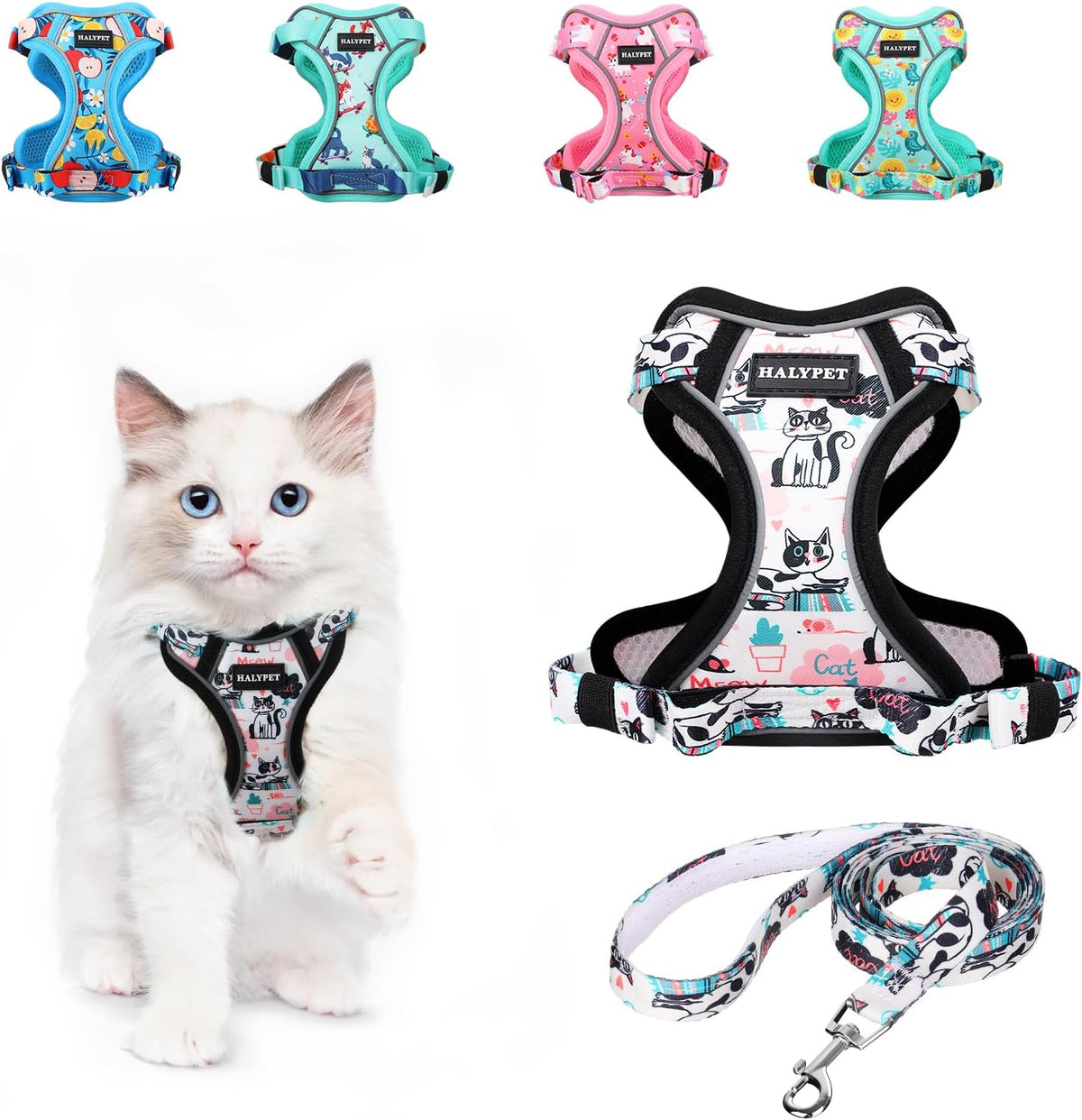 Cat Harness and Leash Set[MAX Safety 4th-Gen] Cute Escape Proof Vest - H603 Pro Inky Meowy / X-Small (4-6lb)