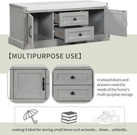 Shoe Storage Bench with 2 Drawers and 2 Cabinets, Pine Wood Shoe Bench with Removable Cushion for Living Room, Entryway 42.5" L x 15.9" W x 17.5" H (Gray Wash)