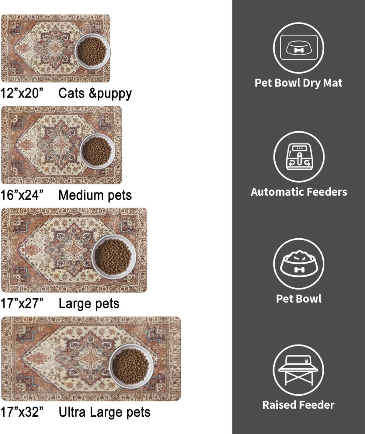 Dog Food Mat for Floors, Absorbent Pet Cat Food Bowl Mat - Bohemia / 20"L x 12"W - image 3