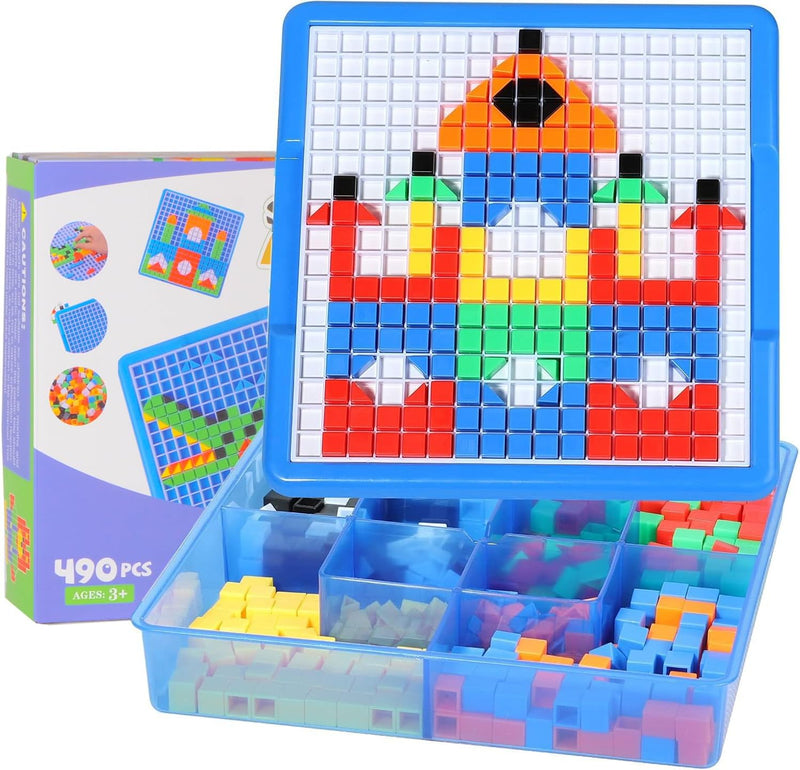 ZOZOPLAY 490-piece cube mosaic puzzle with colored blocks, grid board, design sheets and storage box