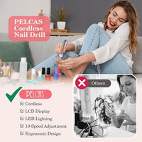 PELCAS Electric Nail File, 10 Speeds Cordless Nail Drill Kit with LED Light, Professional Nail Grinder with LCD Screen Portable e File for Human, Pet, Thick Toenails, Natural & Acrylic Nails Pink
