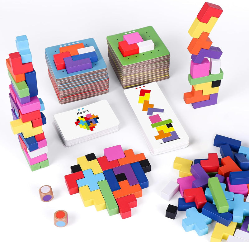 QianShouYan wooden block stacking game with 120 colorful blocks, pattern cards and storage bag