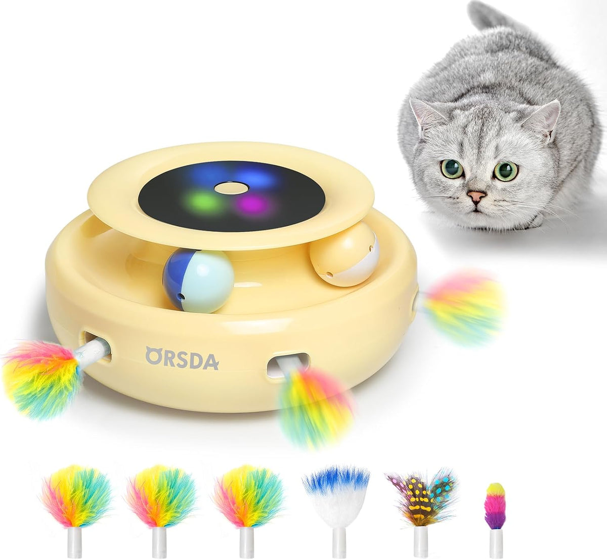 ORSDA 2in1 Interactive Toys for Indoor Cats, Timer Auto On/Off - Butter Yellow
