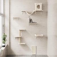 NUNU LAB Cat Wall Shelves, 6 Pcs Luxury Wall-Mounted Cat Climber Set, Indoor Cat Furniture with 1 Condos House, 2 Cat Wall Shelves, 1 Scratching, 1 Bridge Ladder, 1 Scratching Pad, White