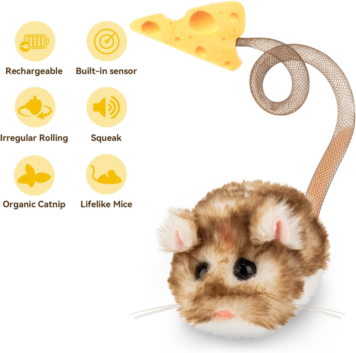 Migipaws Interactive MigiMouse Cat Toy 360° Rolling & Spin with Mesh - Long-Brown - image 4