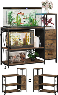 20 Gallon Aquarium Stand with Power Outlets Fish Tank Stand with 3 Drawers Metal Frame Heavy Duty Reptile Tank Stand with 3-Tier Storage Shelves,Left/Right Assembly, Adjustment Height