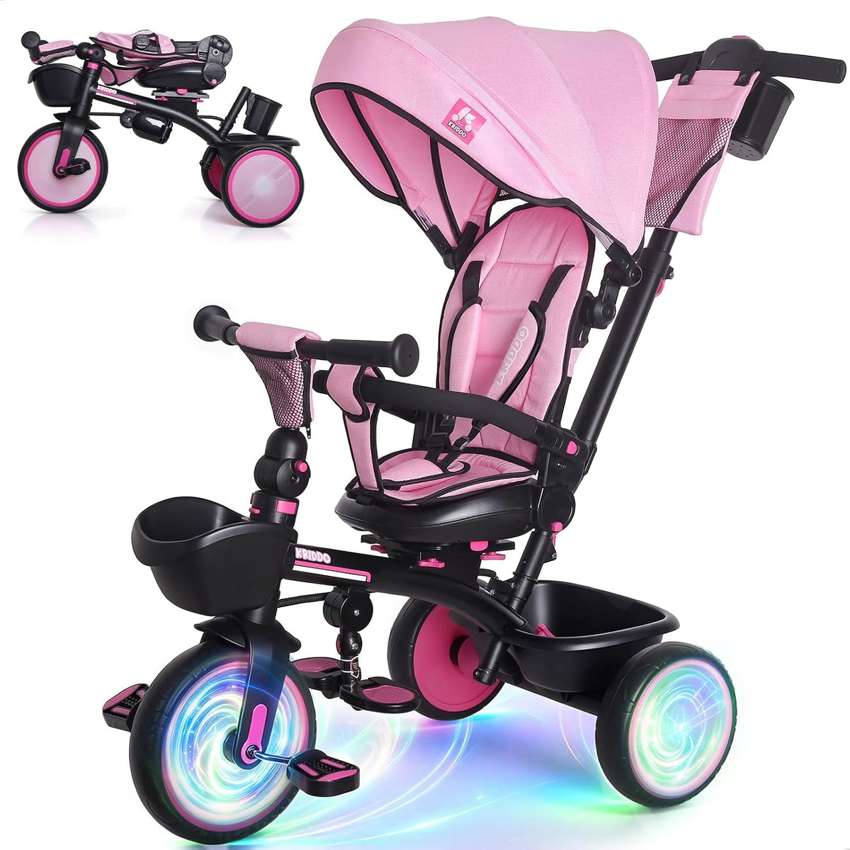 KRIDDO 7-in-1 toddler push tricycle with parent steering handle and canopy - view 5