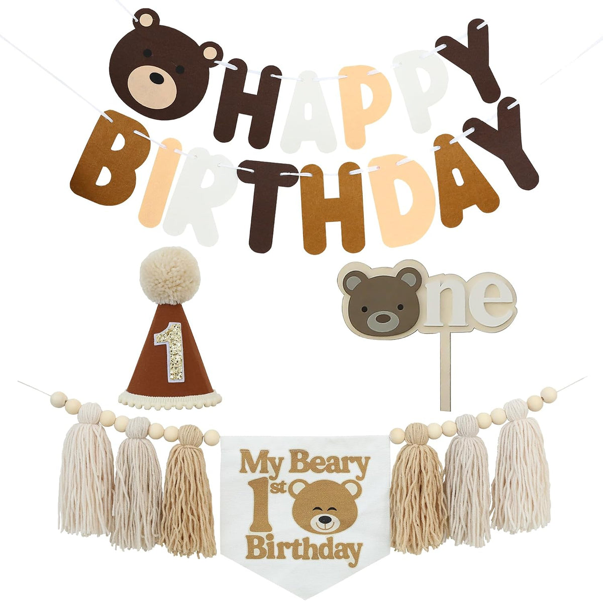 DCJHFJ First Birthday Decorations for Boy Highchair Banner One - White Beige Khaki