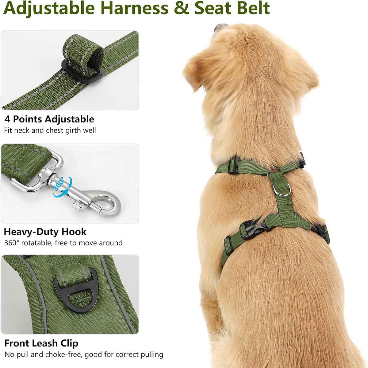 Dog Seat Belt Vest Harness for Car - Full Army Green / L (Chest: 22-32.3", Neck: 16.9-26") - image 4
