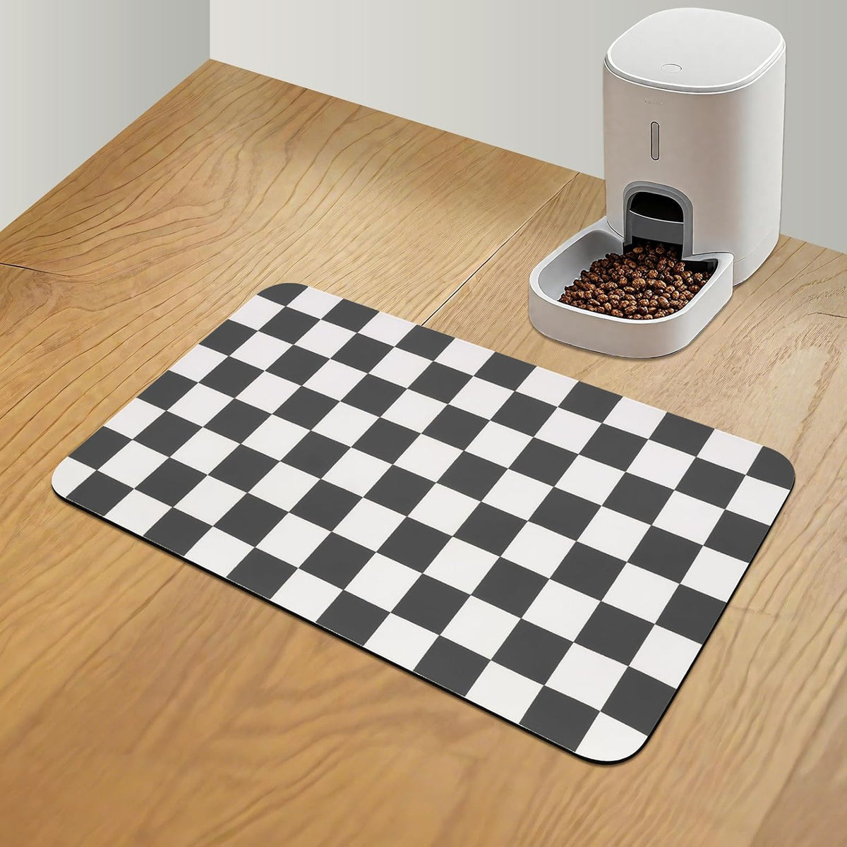 CooRug Checkered Dog Food Mat, Pet Feeding Mat 20" L x 12" W - Black / 20"L x 12"W