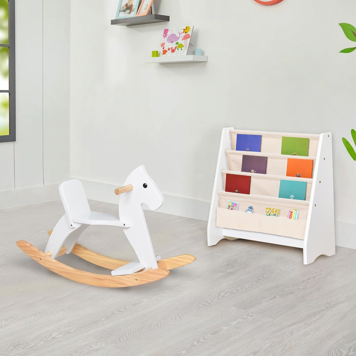 KRAND natural pine kids wooden rocking horse with handrail, backrest and foot pedal - view 10