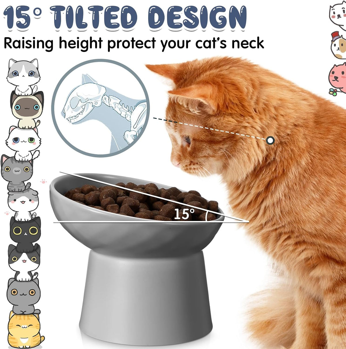 4 Pcs Ceramic Raised Cat Bowls - White and Grey - image 3
