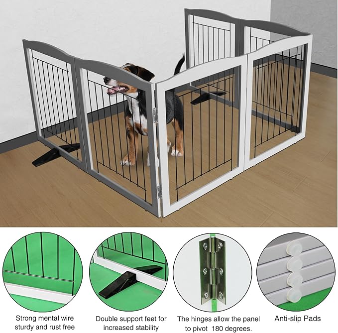 ZJSF Freestanding Dog Fence Indoor, Foldable Dog Gate for Doorways, Stairs or Hallways, Sturdy Wood Extra Wide Pet Gate with Support Feet for The House, Grey, 24 "Height-6 Panels