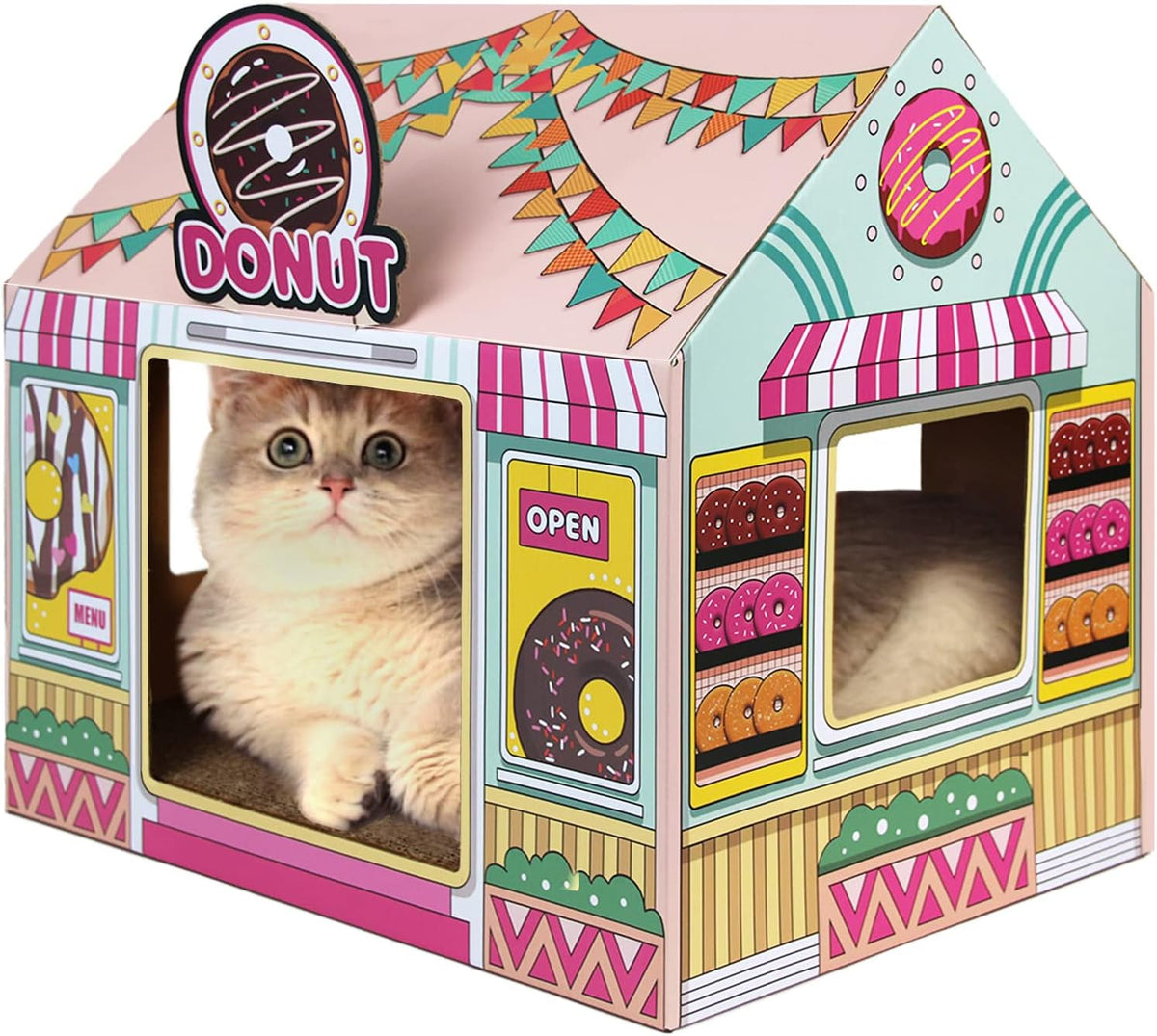 SEKAM Cardboard Cat House with Scratcher/Catnip - Donut Shop