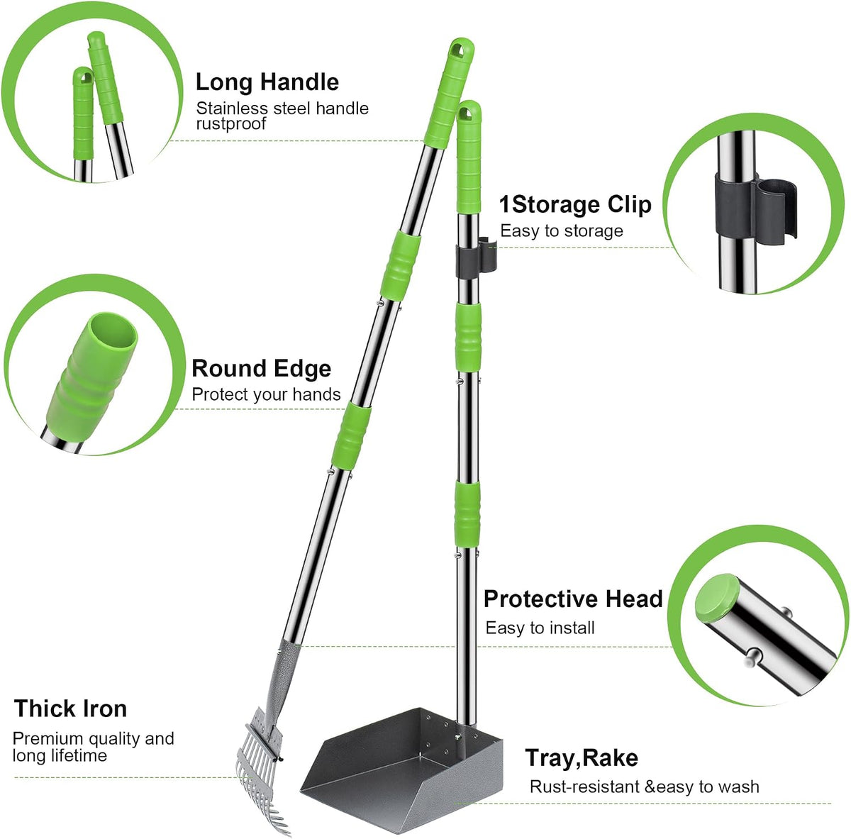 Pooper Scooper for Dogs, Metal Poop Scooper Tray and Rake Set with Adjustable Long Handle, Dog - Silver & Green - image 2