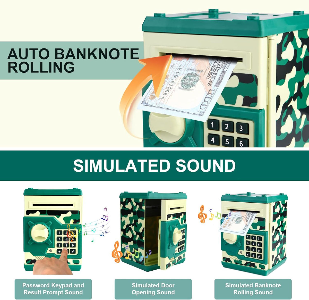 Pup Go ATM Piggy Bank for Kids, Password Electronic Kids Safe - Camo Green - image 2