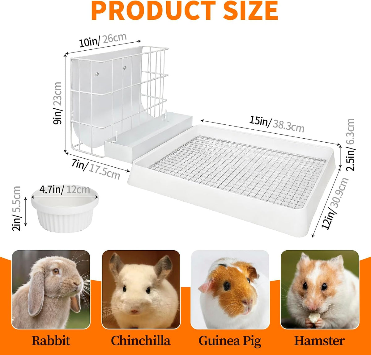 3 in 1 Guinea Pig Hay Feeder with Litter Box & Water Bowl - 10in set / White - image 4