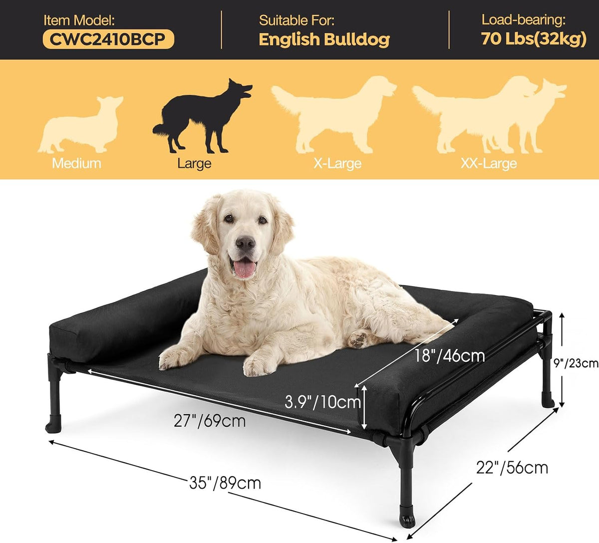 Veehoo Outdoor Elevated Dog Bed-Cooling Raised Dog Cot for Large - Black / 35.0"L x22.0"W x 11.0"Th - image 2